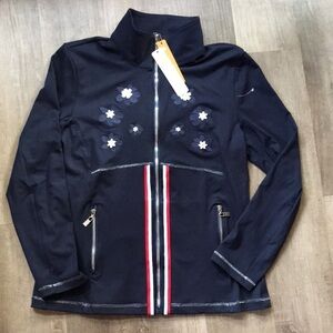 NWT SPANNER navy athletic light jacket zippered pockets nautical flower details